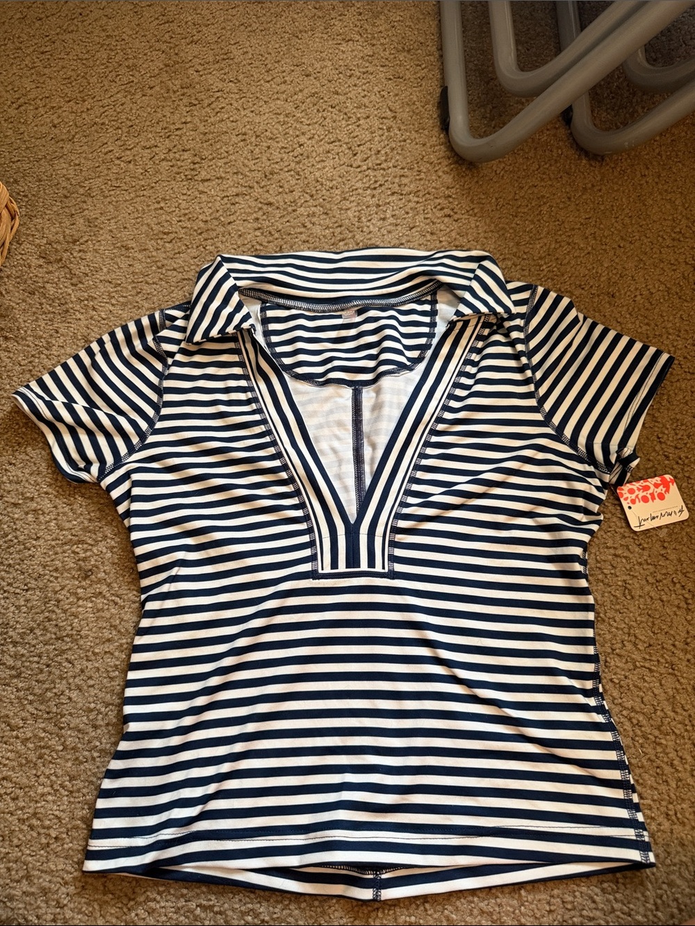 FP Movement by Free People Navy & White Striped Short Sleeve V-Neck Polo Top